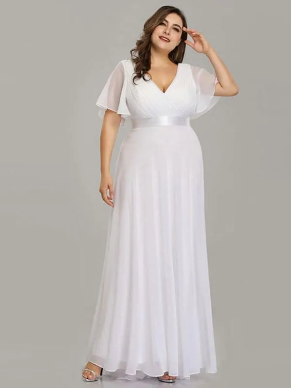 Empire Waist V-neck Half-Sleeves Ruffles Wedding Dresses