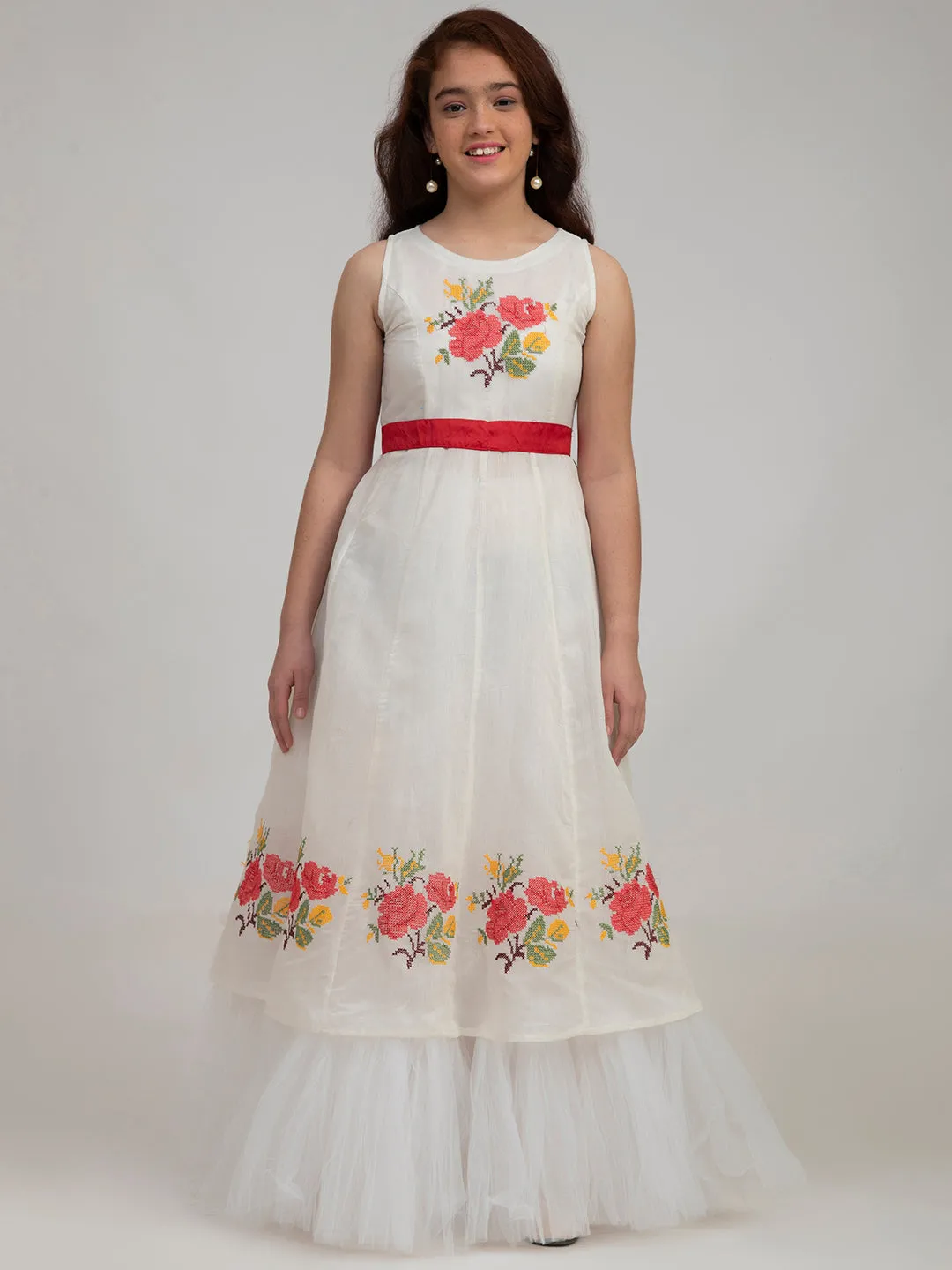 Girl's Off-White Floral Embroidered Fit & Flare Dress - Bitiya By Bhama