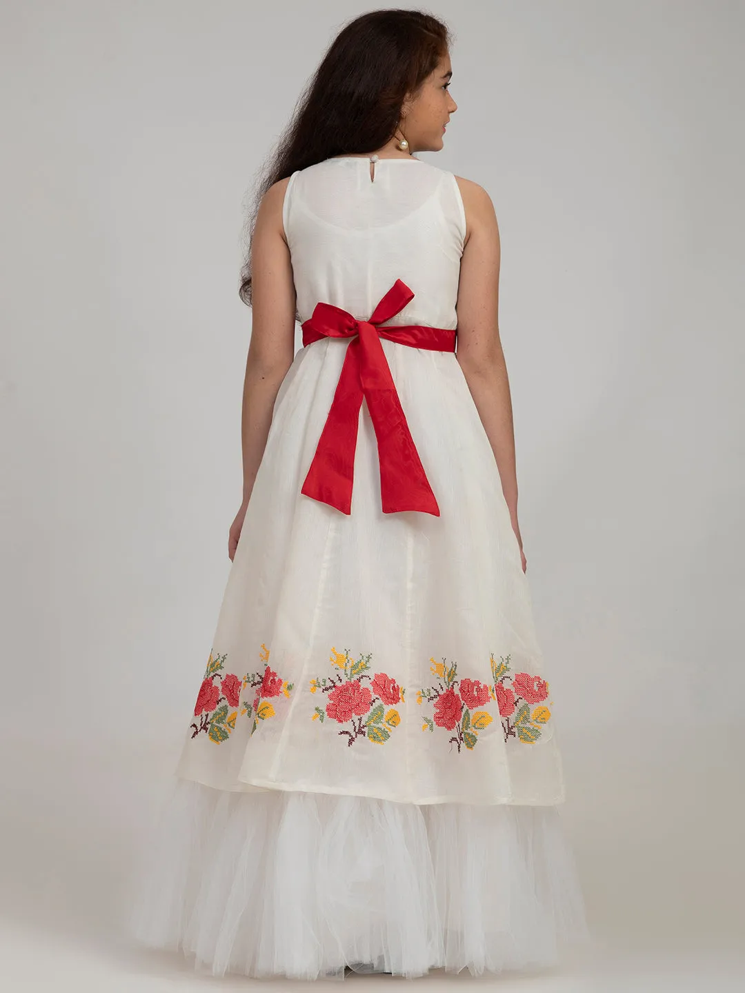 Girl's Off-White Floral Embroidered Fit & Flare Dress - Bitiya By Bhama