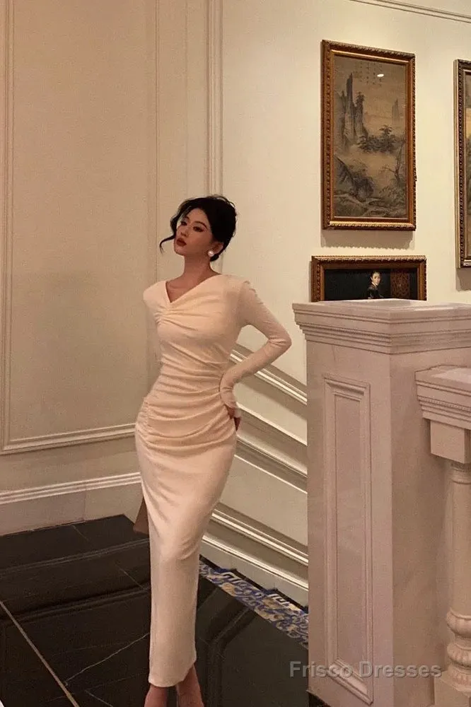 Gorgeous Sheath Long Sleeves Ivory Date Night Dress Long Prom Dresses Birthday Outfits