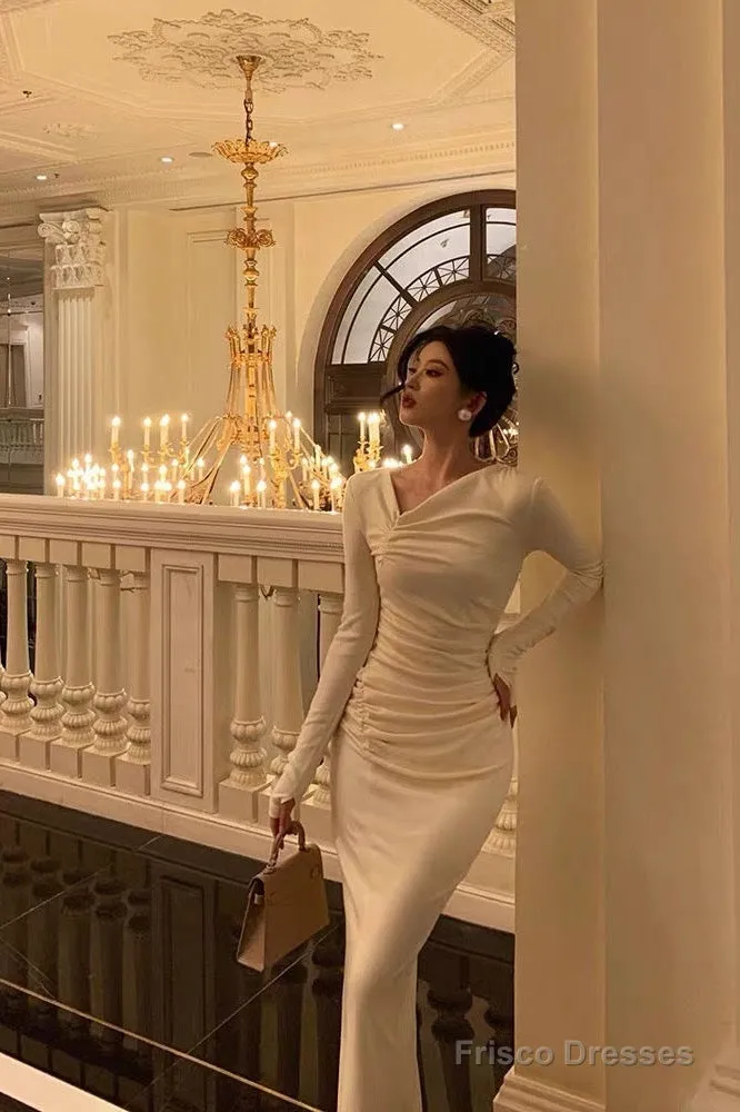 Gorgeous Sheath Long Sleeves Ivory Date Night Dress Long Prom Dresses Birthday Outfits