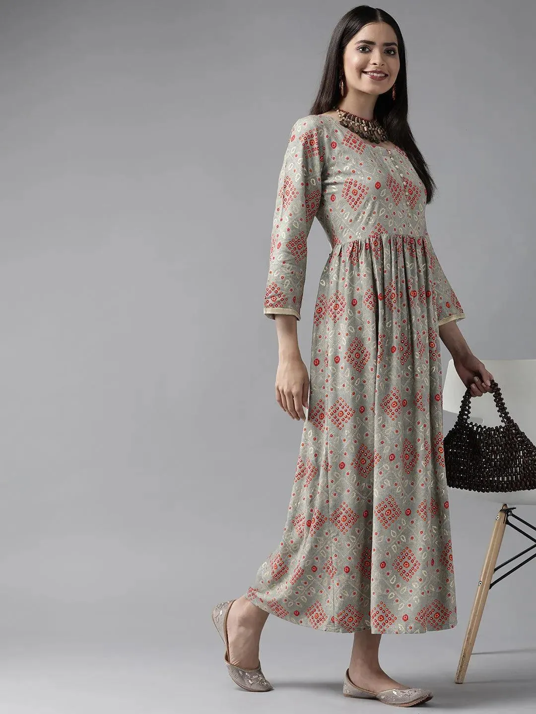 Grey Printed Rayon Maxi Dress