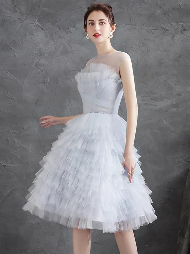 Light Gray Tulle Round Neck Party Dresses Lovely Knee-Length Prom Dresses Homecoming Dresses