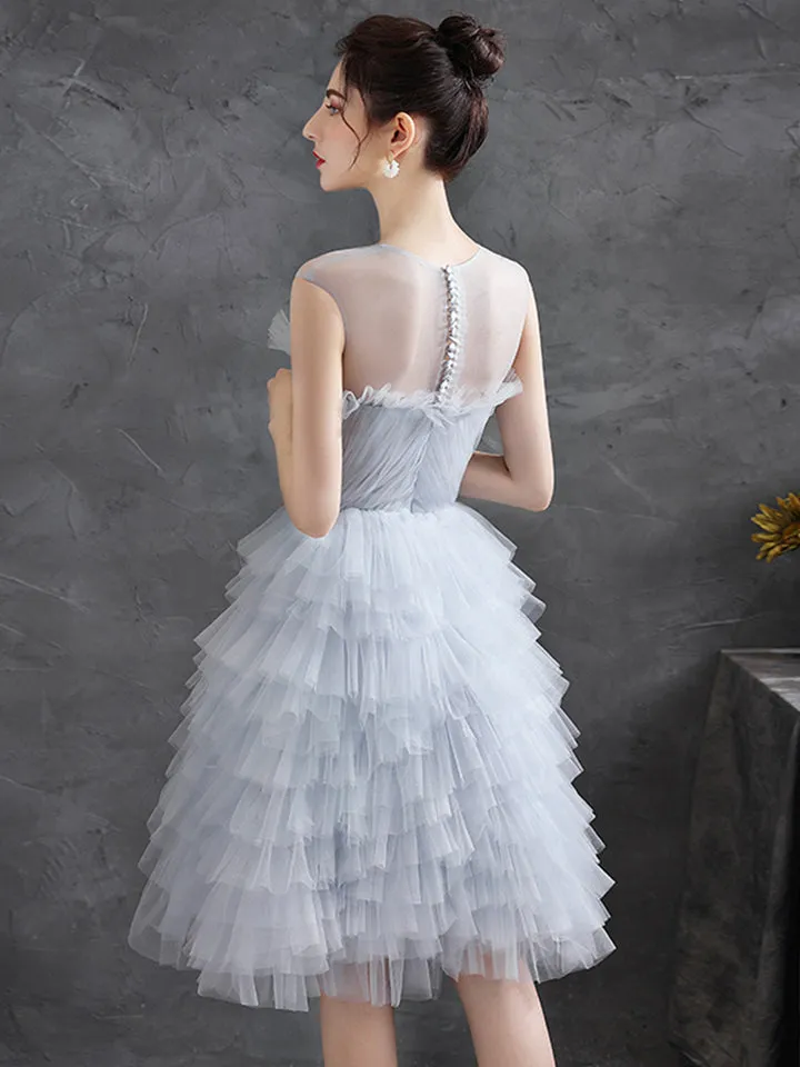 Light Gray Tulle Round Neck Party Dresses Lovely Knee-Length Prom Dresses Homecoming Dresses