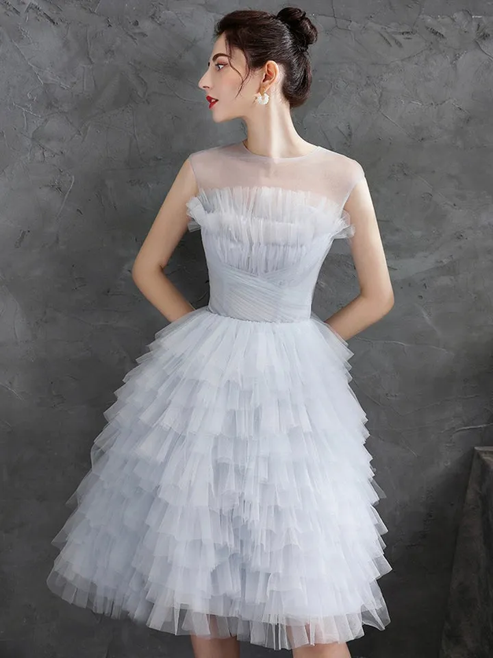 Light Gray Tulle Round Neck Party Dresses Lovely Knee-Length Prom Dresses Homecoming Dresses