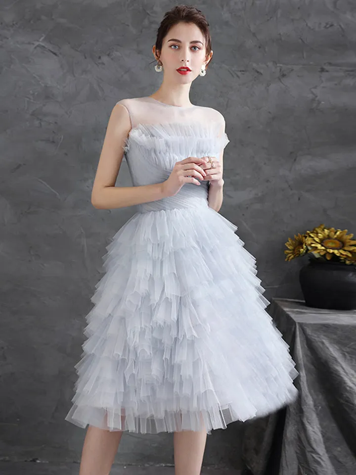 Light Gray Tulle Round Neck Party Dresses Lovely Knee-Length Prom Dresses Homecoming Dresses