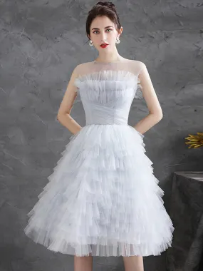 Light Gray Tulle Round Neck Party Dresses Lovely Knee-Length Prom Dresses Homecoming Dresses