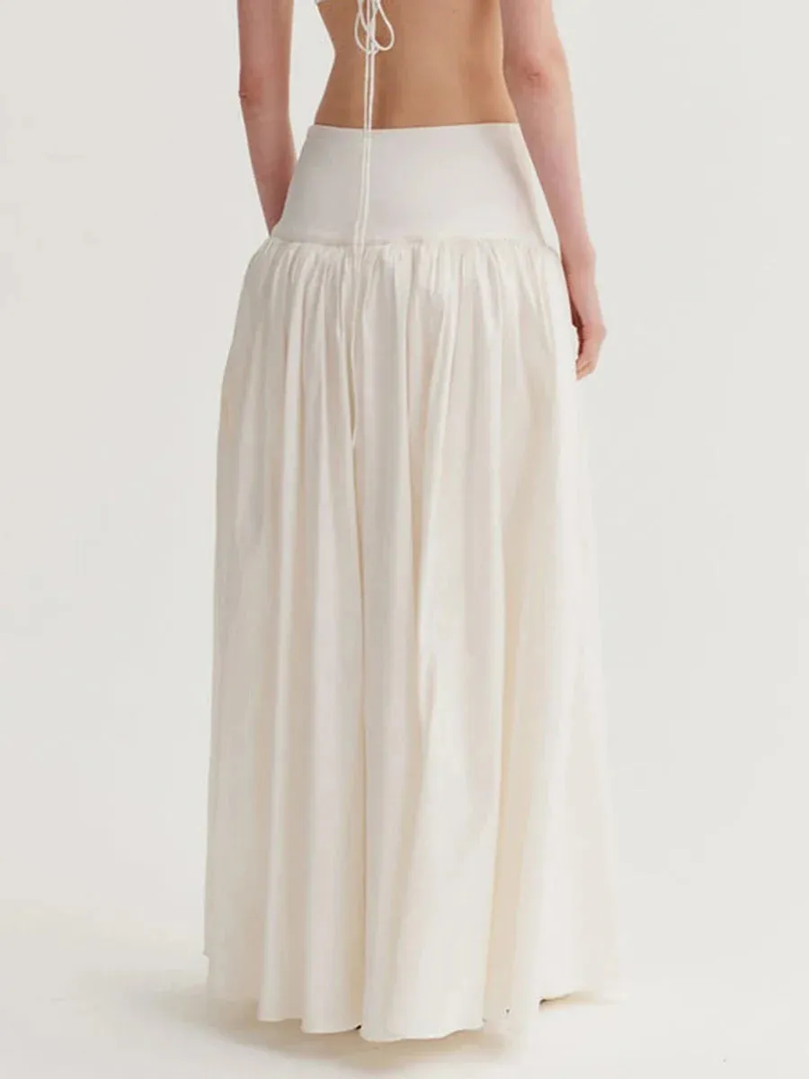 Loose Fitting Elastic Waist Ruched Detail Solid Color for Spring Summer Long Skirt