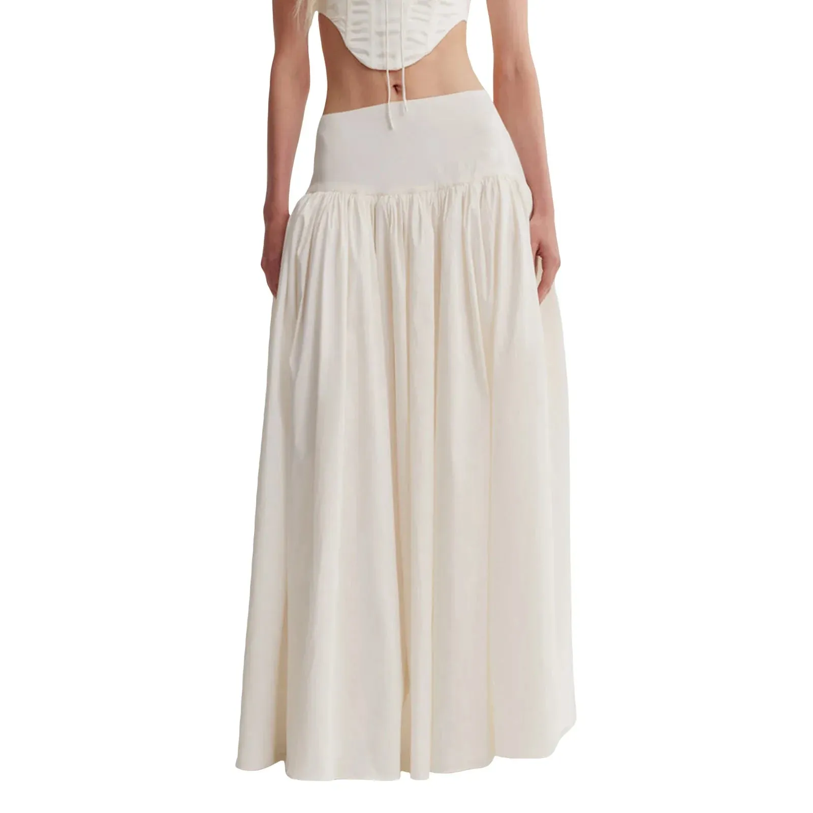Loose Fitting Elastic Waist Ruched Detail Solid Color for Spring Summer Long Skirt