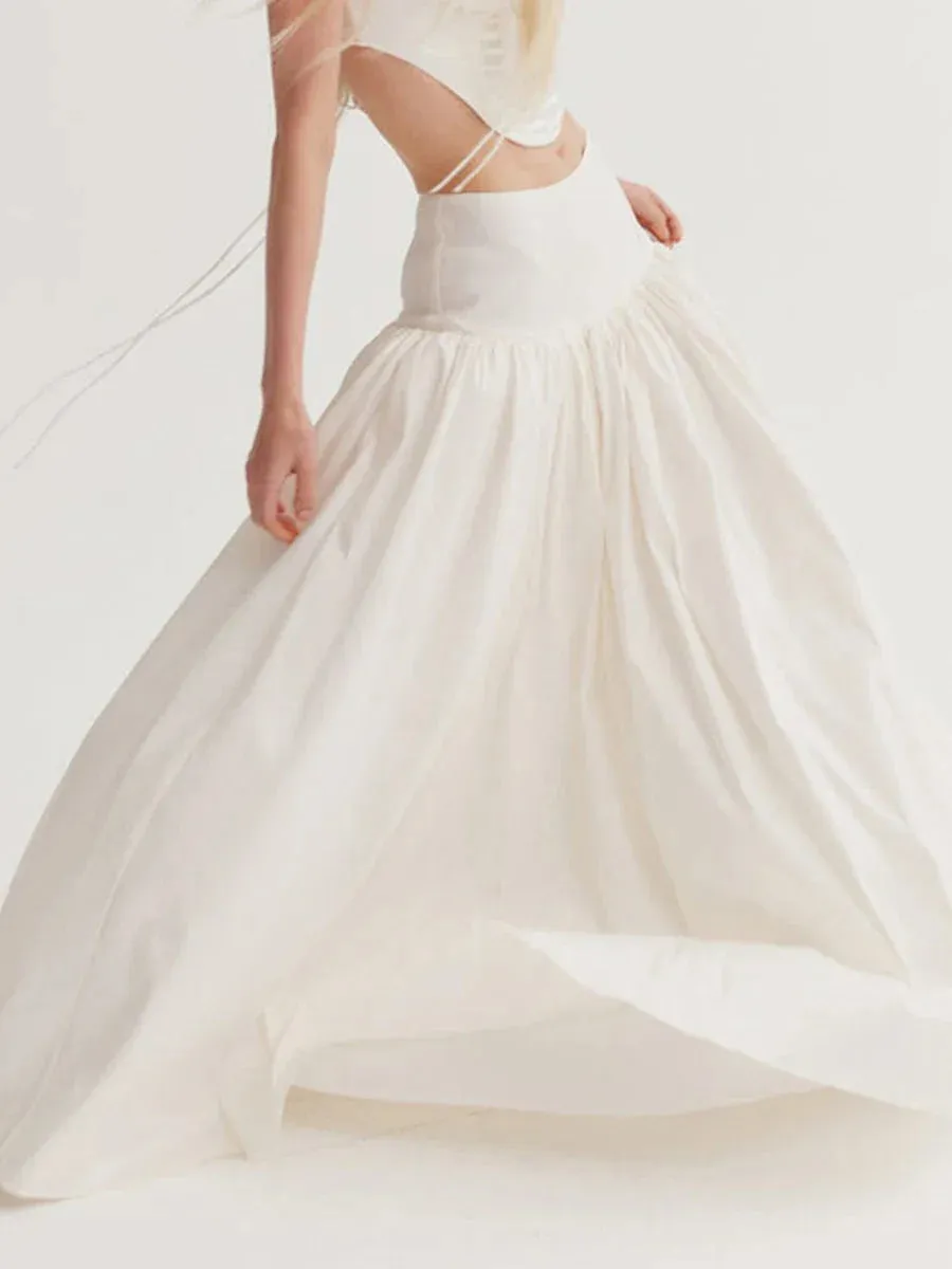 Loose Fitting Elastic Waist Ruched Detail Solid Color for Spring Summer Long Skirt
