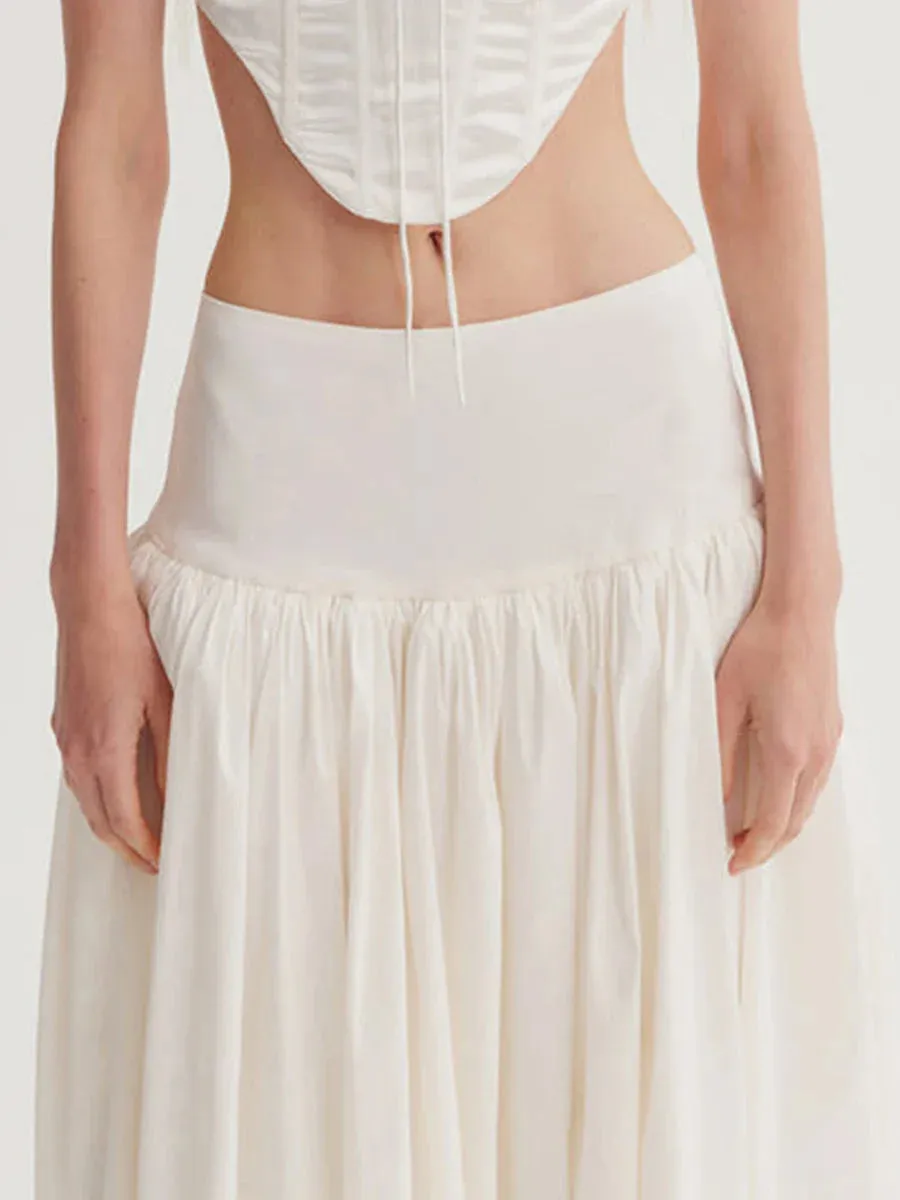 Loose Fitting Elastic Waist Ruched Detail Solid Color for Spring Summer Long Skirt