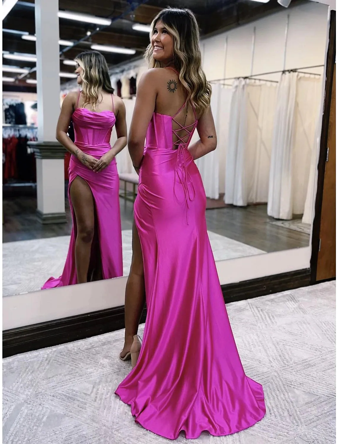 Mermaid / Trumpet Prom Dresses Empire Dress Formal Wedding Party Sweep / Brush Train Sleeveless Spaghetti Strap Satin Backless Evening Dress