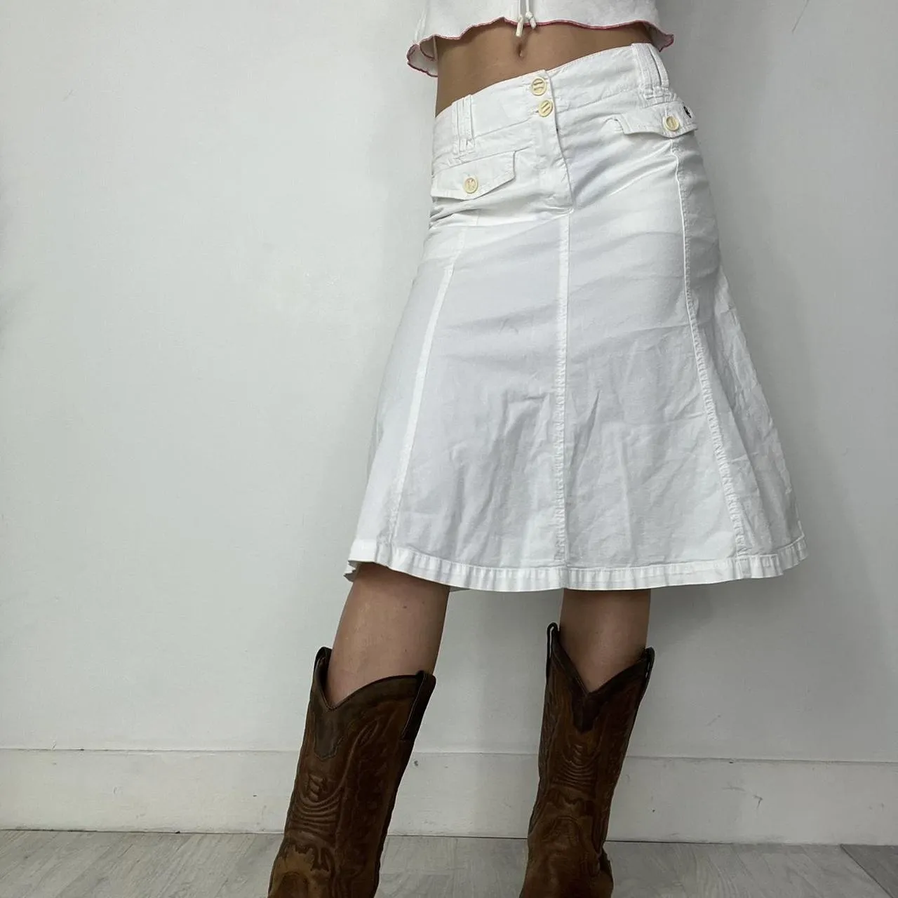 Midi length white cargo skirt
