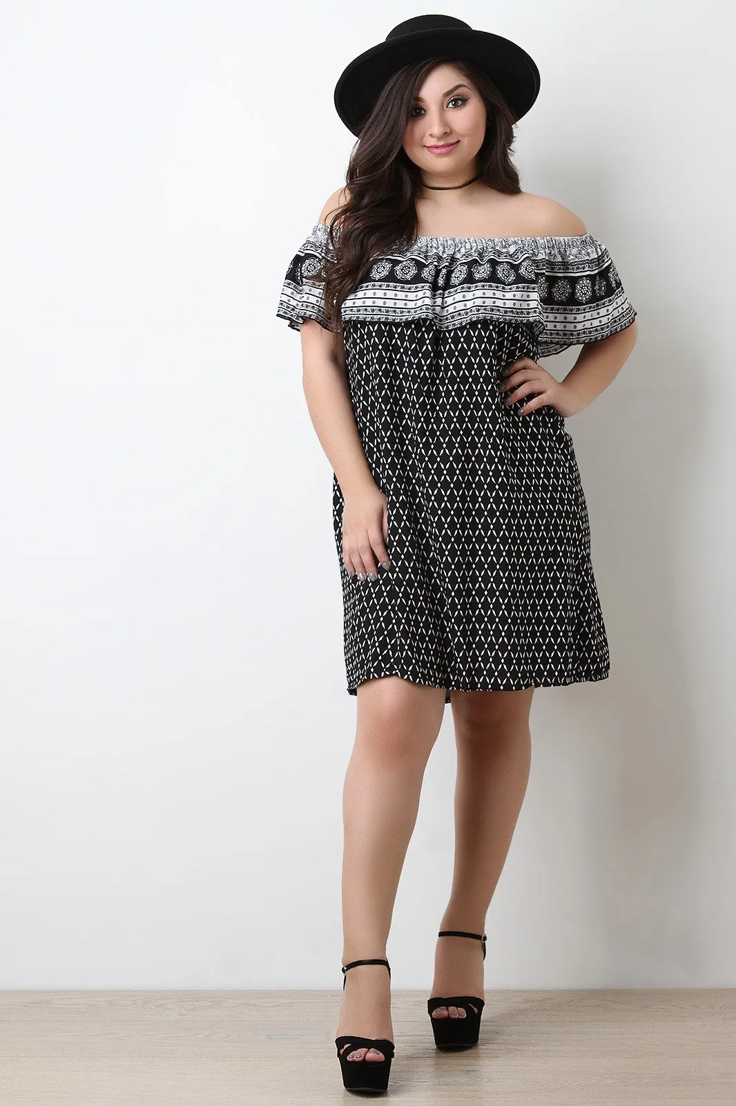 Mixed Print Off The Shoulder Shift Dress