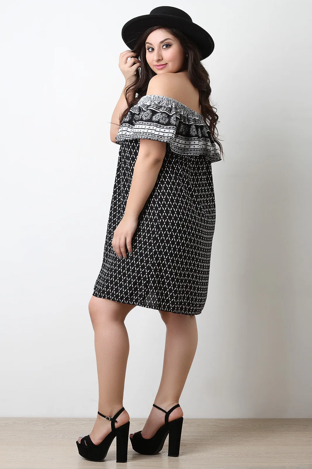Mixed Print Off The Shoulder Shift Dress