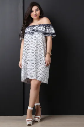 Mixed Print Off The Shoulder Shift Dress