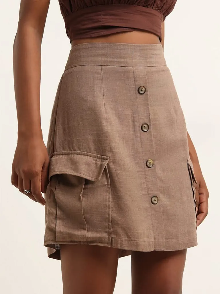 Nuon Brown High-Rise Blended Linen Skirt