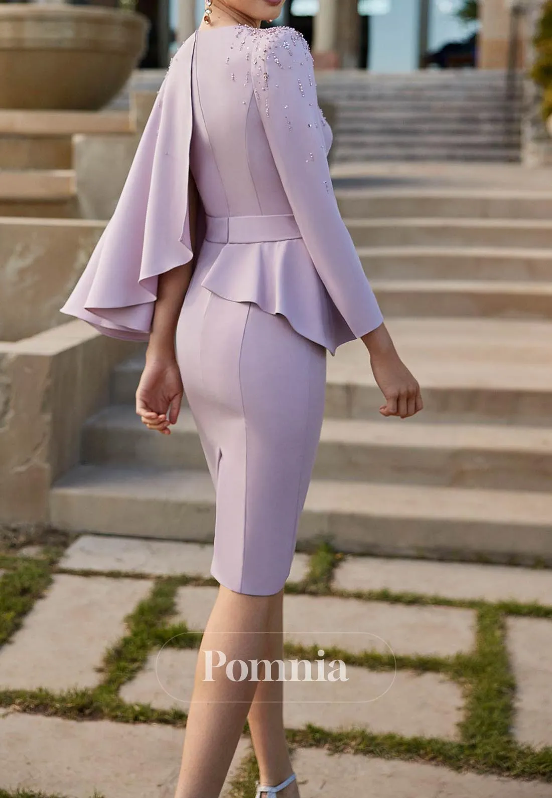 One Shoulder Cape and Peplum Long Sleeves Satin Cocktail Dress