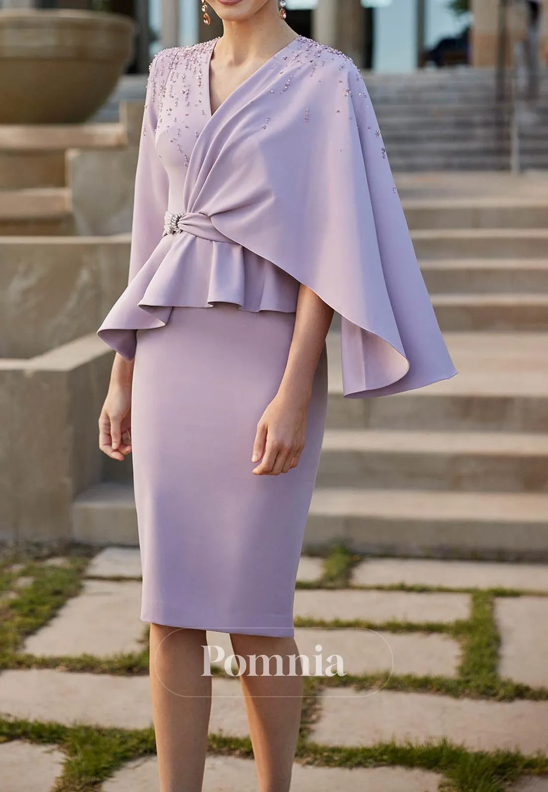 One Shoulder Cape and Peplum Long Sleeves Satin Cocktail Dress