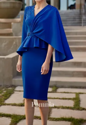 One Shoulder Cape and Peplum Long Sleeves Satin Cocktail Dress
