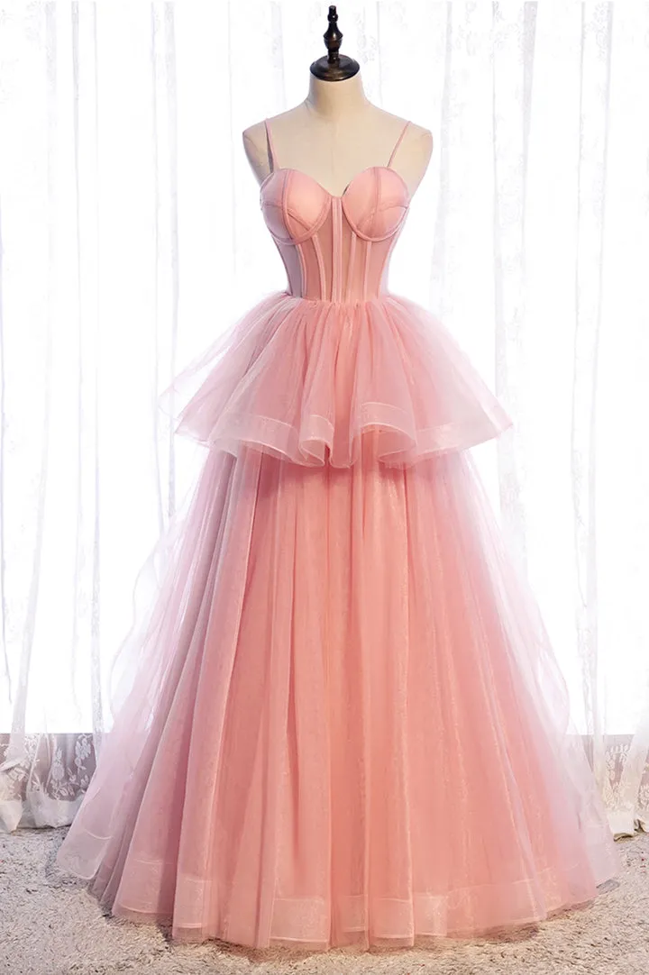 Pink Tulle Long Prom Dresses A-Line Evening Dresses Party Dress Charming