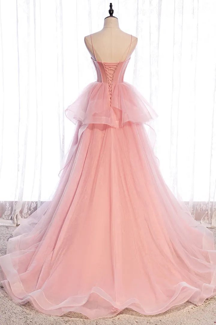 Pink Tulle Long Prom Dresses A-Line Evening Dresses Party Dress Charming