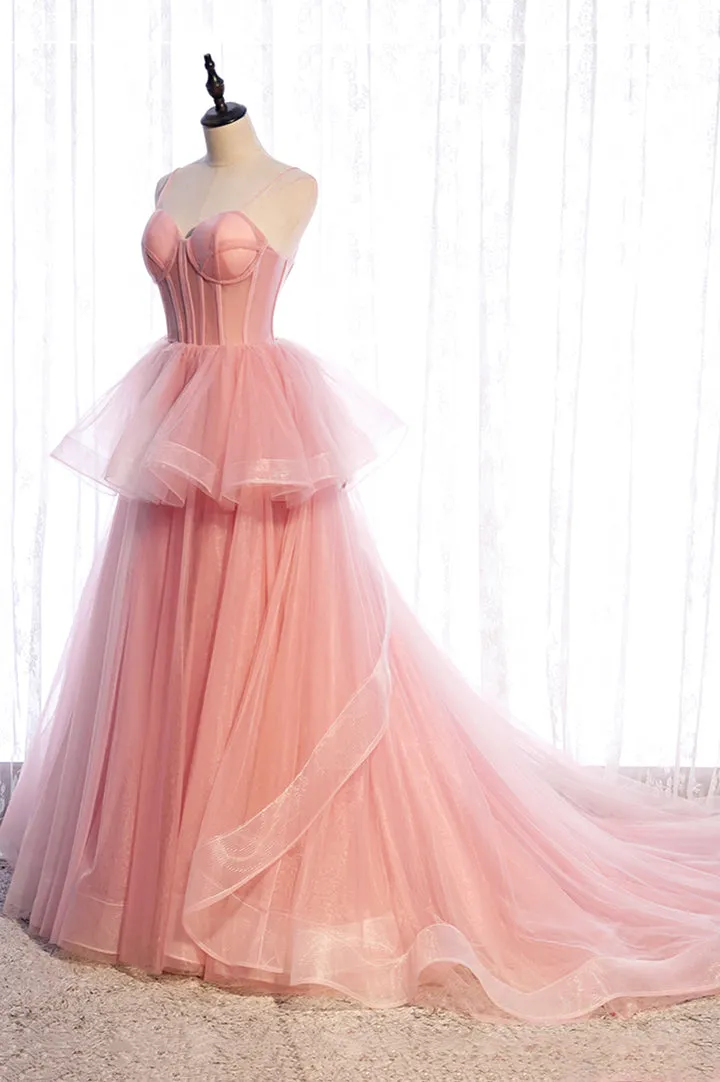 Pink Tulle Long Prom Dresses A-Line Evening Dresses Party Dress Charming