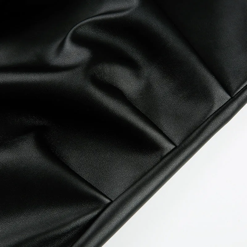 Ruched Pu Black Faux Leather Midi Dress Spaghetti Straps