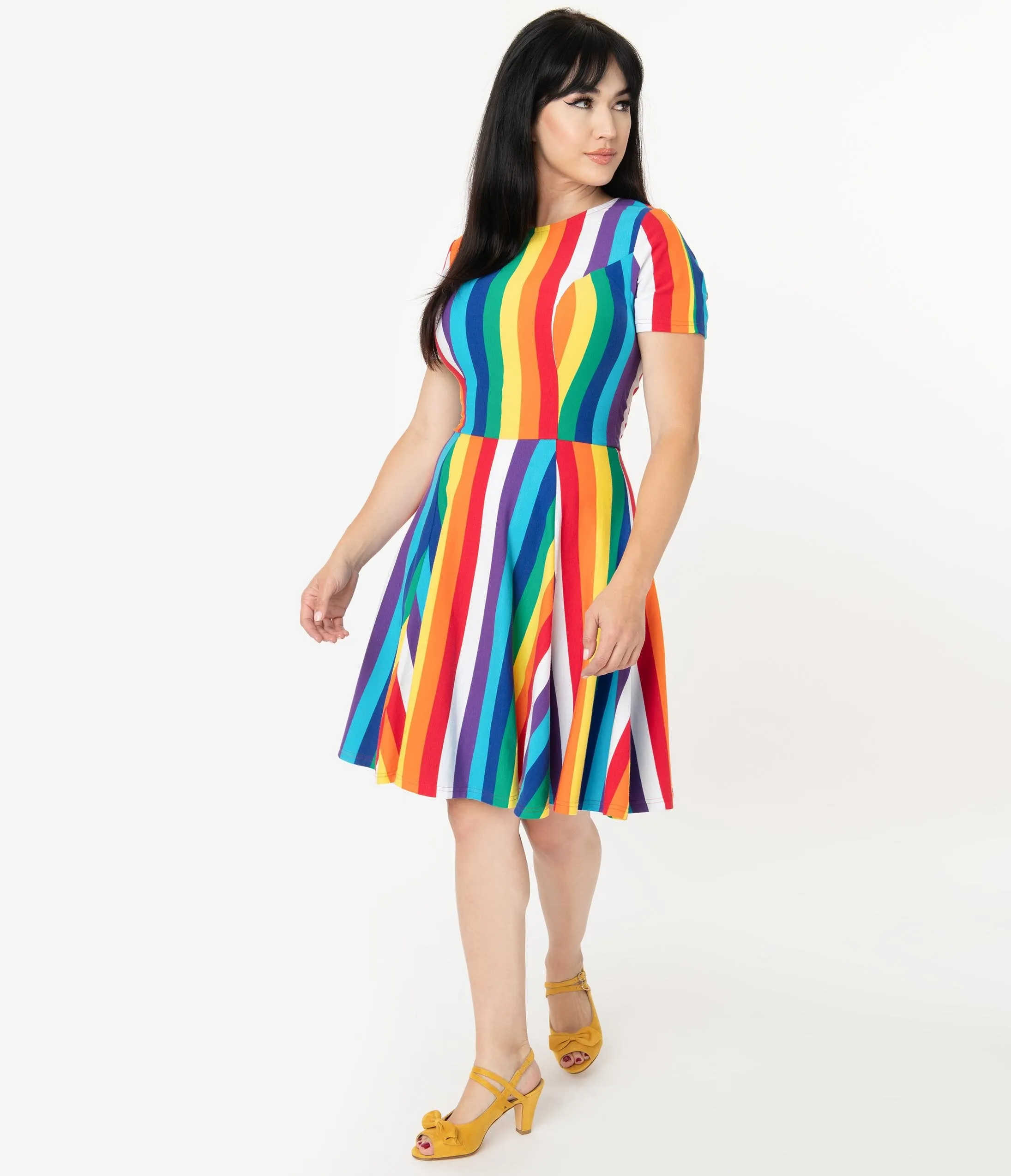 Unique Vintage Rainbow Stripe Margot Fit & Flare Dress