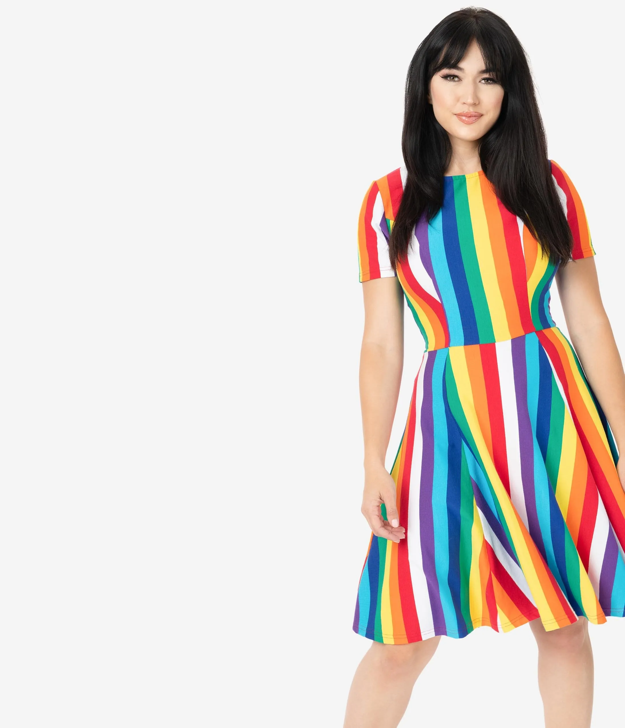 Unique Vintage Rainbow Stripe Margot Fit & Flare Dress